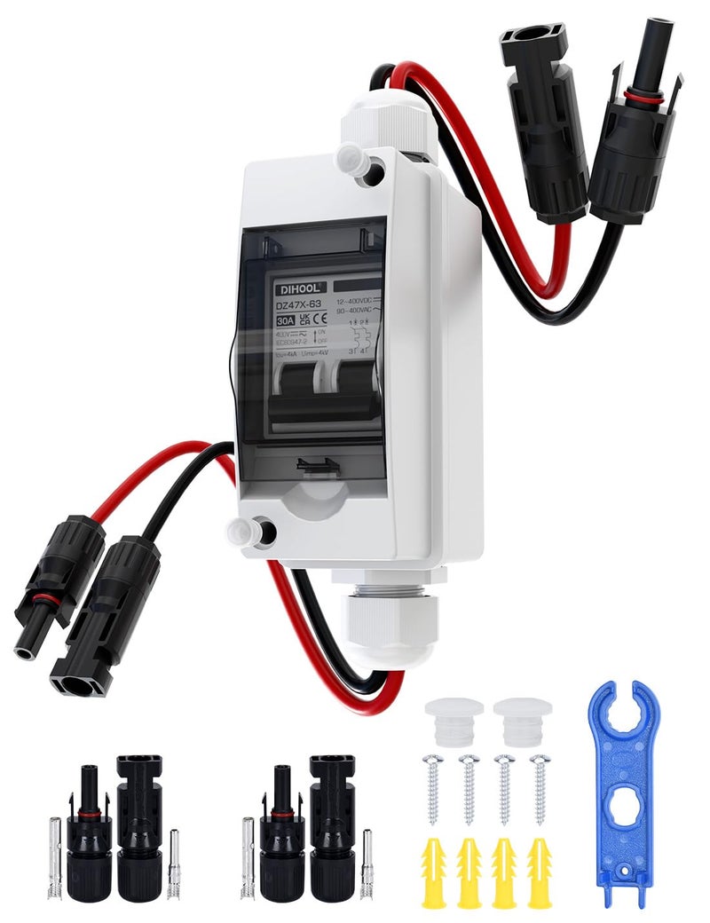 DIHOOL Solar Panel Disconnect Switch, Non Polarized DC Circuit Breaker, 30 Amp, 2 Pole, 12V-400V, AC Disconnect Box Outdoor, Battery Cutoff Isolator - Image 1